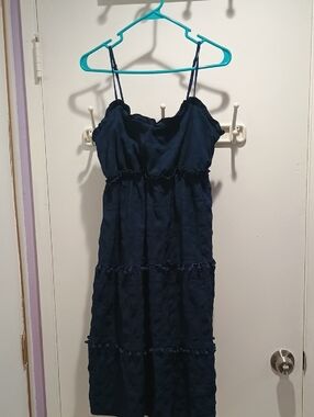 Cute Navy Blue Casual Ruched Pom Pom Gathered Tiered Spaghetti Strap Dress